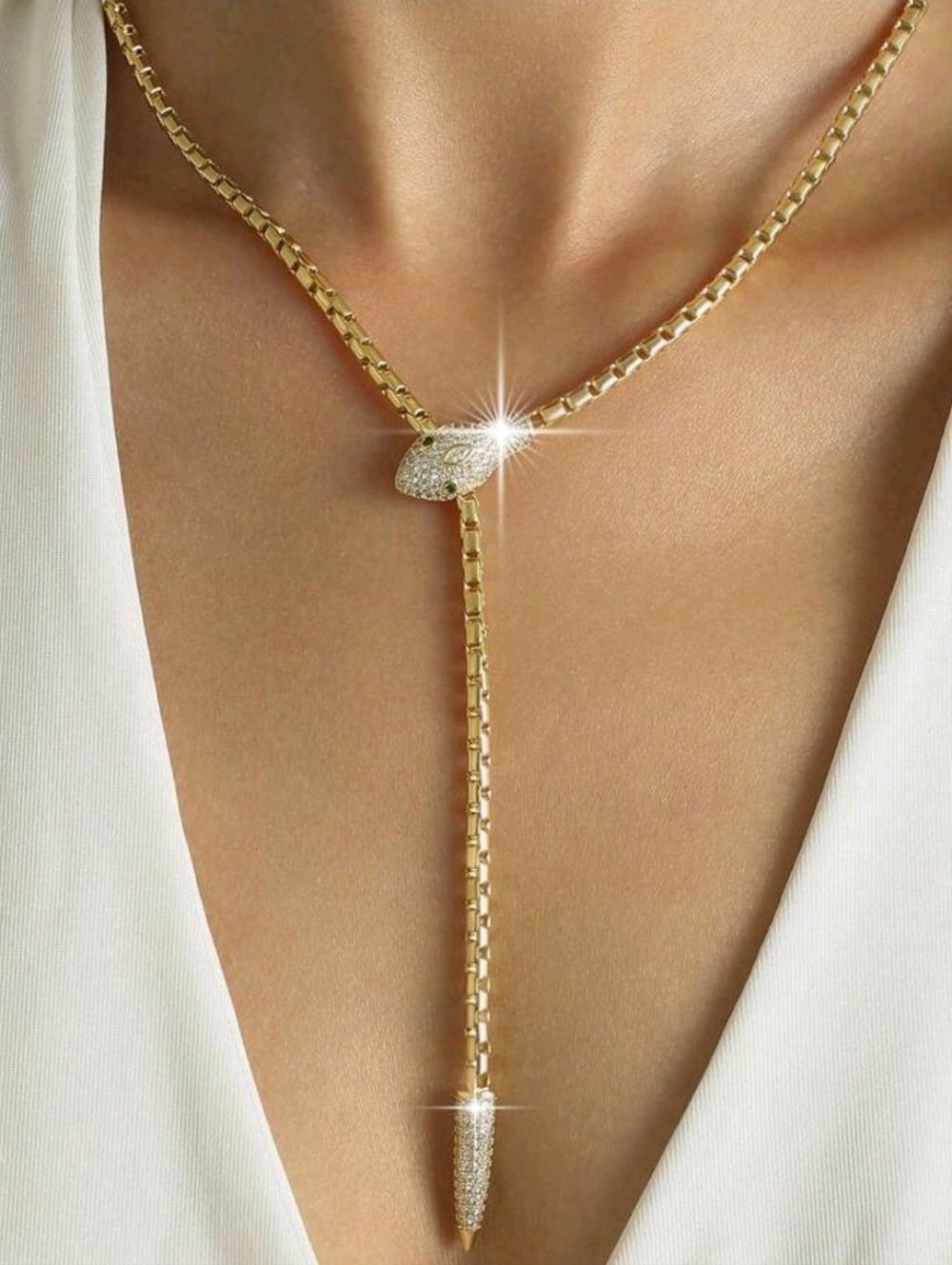 Gold Rhinestone Snake Lariat Necklace